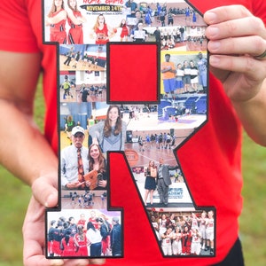 May include: A red letter R with a collage of photos of a girls basketball team. The photos show the team playing, practicing, and celebrating. The letter is made of wood and has a black border. The text "GIRLS BASKETBALL HOME GAME NOVEMBER 14TH Pre-Season's Oasis 6:30PM" is visible at the top of the letter.