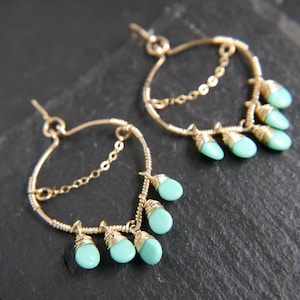 Boho Gold filled Ohrringe Kronleuchter Ohrringe Tschechische Glas Aqua Ohrringe Blattgold Ohrringe Türkis Ohrringe