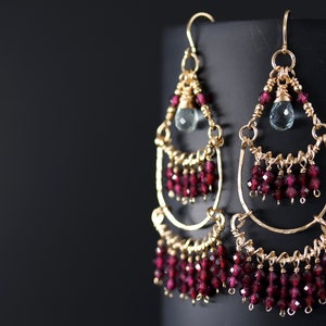 Garnet Aquamarine Fringe Chandelier Wire Wrapped Gold Filled Earrings Tassel Earrings Art Deco January  March Birthstone