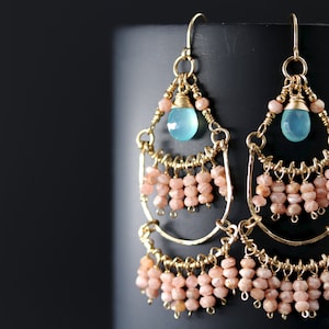 Pink Rhodonite Aqua Chalcedony Fringe Chandelier Wire Wrapped Gold Filled Earrings Tassel Earrings Art Deco