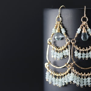Natural Aquamarine Fringe Chandelier Wire Wrapped Gold Filled Earrings Tassel Earrings Art Deco Earrings March Birthstone