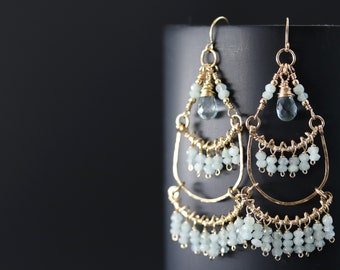 Natural Aquamarine Gemstone Fringe Chandelier Earrings Gold Filled Tassel Earrings Art Deco Earrings Wedding Bride