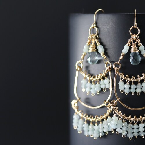 Natural Aquamarine Gemstone shops Fringe Chandelier Earrings, 14K Gold Filled Tassel Earrings, Bohemian Art Deco Earrings, Wedding - MADE TO ORDER