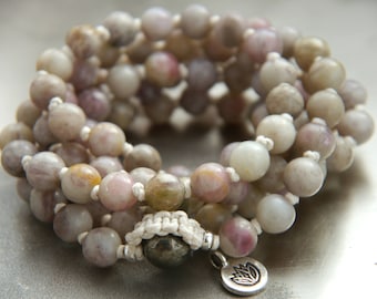 Mala Beads 108 Lilac Stone Gemstone Necklace Wrap Bracelet Hand Knotted Silk Om Charm Boho Yoga Japa Prayer Meditation