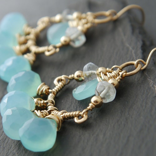 Aqua Chalcedony Heart Briolette Chandelier Earrings, Wire shops Wrapped Gemstone Earrings, Aquamarine, Something Blue, Statement Earrings