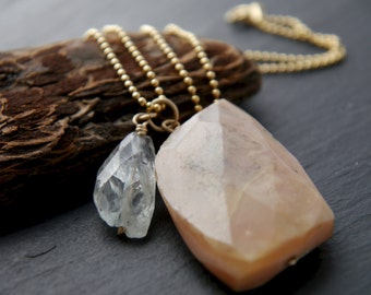 Aquamarine Pendant Necklace, Pink Opal Flower, 14K Gold Filled Chain, Bridal Necklace, Floral Jewelry, Aquamarine Teardrop Necklace