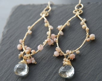 Pink Opal Green Amethyst PinBlossom Chandelier Earrings Gold Filled Wire Wrapped Leaf Earrings Flower Gemstone Briolette Wedding Bride