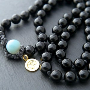 Mala Beads 108 Black Obsidian Stone Gemstone Necklace Wrap Bracelet Hand Knotted Silk  Yoga Meditation