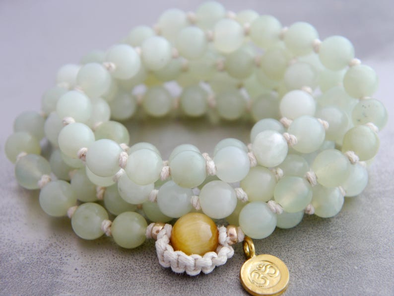 Mala Beads 108 Gemstone Necklace Wrap Bracelet Hand Knotted Silk Om Charm Boho Yoga Japa Prayer Meditation image 2