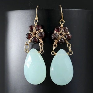 Aqua Chalcedony Garnet Flower Earrings Gold Filled Wire Wrapped Teardrop Dangle Gemstone Earrings Sea Glass Robin's Egg Blue Wedding image 2