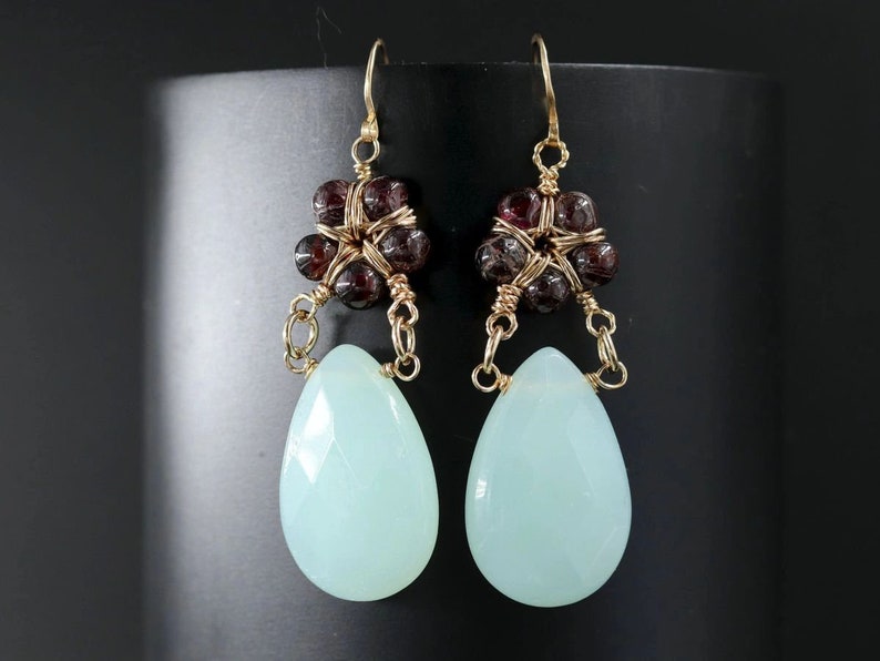 Aqua Chalcedony Garnet Flower Earrings Gold Filled Wire Wrapped Teardrop Dangle Gemstone Earrings Sea Glass Robin's Egg Blue Wedding image 2