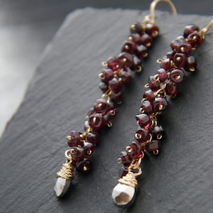 Boho Pyrite Garnet Cascading Vine Cluster Gold Filled Teardrop Long Dangle Earrings January Birthstone