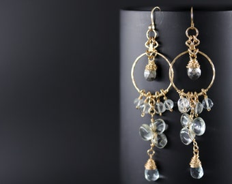 Bohemian Jewelry Aquamarine Earrings Quartz Gemstone Earrings Chandelier Earrings Gold Filled Wire Wrapped Flower Earrings Wedding