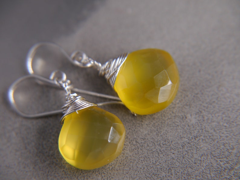 Yellow Chalcedony Earrings Sterling Silver Earrings Heart Briolette Earrings Gemstone Wire Wrapped Gemstone Earrings Marigold image 7