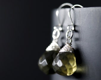 Smokey Quartz Teardrop Briolette Wire Wrapped Earrings Sterling Silver Gemstone Earrings Simple Minimalist Grey Green