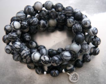 Black Silkstone Yoga Beads Mala, 8mm, 108 Beads, Mala Beads for Meditation, Grounding Mala, Buddha Beads, 25% OFF CODE: Mala25