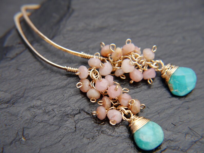 Gold Filled Turquoise Earrings Pink Opal Earrings Long Hoop Earrings Cluster Earrings Flower Earring Bohemian Blush Pink Wedding Bride image 3