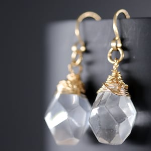 Clear Quartz Crystal Raw Cut Briolette Wire Wrapped Gold Filled Dangle Earrings Dangle Earrings Teardrop