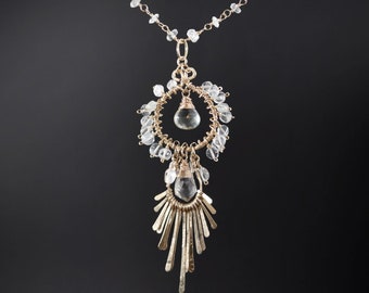 Wedding Necklace, 14K Gold Filled Aquamarine Sunburst Pendant Necklace, Natural Gemstone, Rosary Chain, Fringe, Art Deco, Bridal