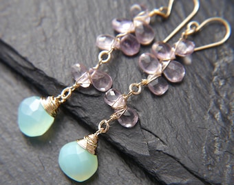 Aqua Chalcedony Sea Glass Amethyst Wire Wrapped Teardrop Earrings Blossoming Vine Gemstone Briolette Boho Floral Flower Wedding Bride