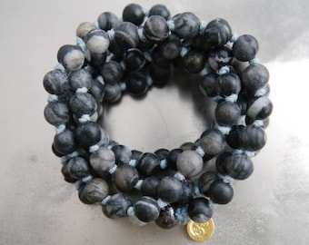 Mala Beads 108 Black Silk Stone Gemstone Necklace Wrap Bracelet Hand Knotted Silk Om Charm Boho Yoga Japa Prayer Meditation