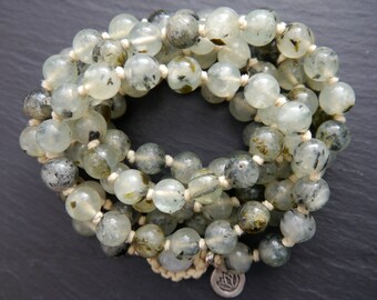 Mala Beads 108 Prehnite Gemstone Necklace Wrap Bracelet Hand Knotted Silk Om Charm Boho Yoga Japa Prayer Meditation