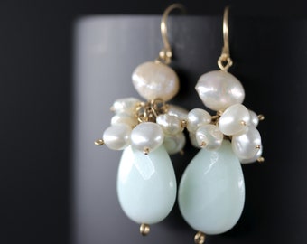 Aqua Amazonite Freshwater Pearl Teardrop Earrings Gold Fill Gemstone Briolette Aquamarine Pearl Cluster Earrings Flower Wedding Bride