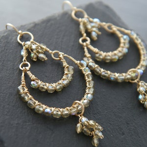 Large Chandelier Earrings Champagne Gold Filled Earrings Czech Glass Beads Earrings Hoop Earrings