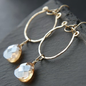 Swarovski Earrings Gold Hoop Wire Wrapped Gold Filled Earrings Champagne Crystal Briolette Earrings Teardrop Hoop Earrings Hammered Gold