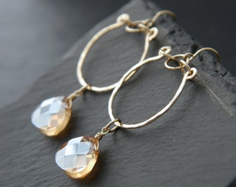 Pendientes de lágrima con piedras preciosas, aros chapados en oro de 14 quilates, aros dorados, cristal Swarovski color champán, pendientes estilo boho.