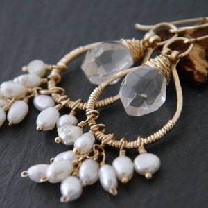 Pearl Gold Chandelier Gold Filled Earrings Soft White Freshwater Pearl Quartz Crystal Teardrop Chandelier Earrings