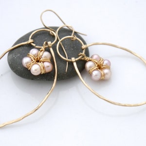 Pink Pearl Gold Gold Filled Dangle Earrings Ballet Pink Pearl Flower Gold Leaf Dangle Earrings Feminine Delicate