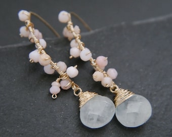 Aquamarine Earrings Flower Earrings Gold Hoop Earrings Gold Filled Wire Wrapped Garland Earrings Earrings Pink Opal Boho Wedding Bride
