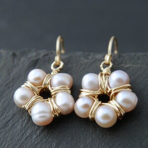 Light Pink Pearl Earrings Freshwater Pearl Earrings Flower Gold Filled Earrings Cluster Earrings Floral Ballet PinAE