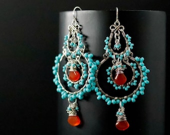 Sterling Silver Chandelier Earrings Aqua Carnelian Statement Earrings Czech Glass Ethnic