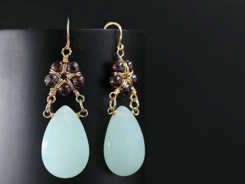 Aqua Chalcedony Garnet Flower Earrings Gold Filled Wire Wrapped Teardrop Dangle Gemstone Earrings Sea Glass Robin's Egg Blue Wedding image 3