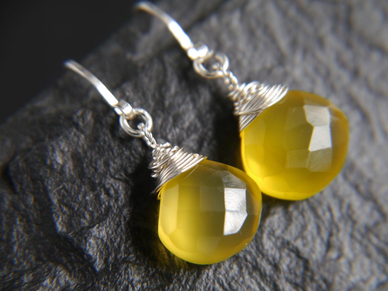 Yellow Chalcedony Earrings Sterling Silver Earrings Heart Briolette Earrings Gemstone Wire Wrapped Gemstone Earrings Marigold image 4