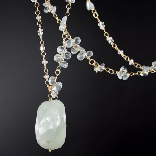 Wedding shops Necklace, Aquamarine Pendant, 14K Gold Filled, Natural Gemstone,Rosary Chain, Bridal, Bohemian Jewelry