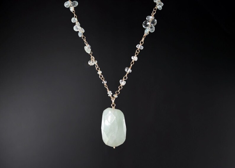 Wedding shops Necklace, Aquamarine Pendant, 14K Gold Filled, Natural Gemstone,Rosary Chain, Bridal, Bohemian Jewelry