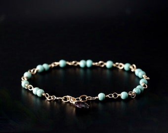 Turquoise Gemstone Layering Bracelet for Women Magnesite Handmade Beaded Gold Filled Stacking Bracelet Rosary Chain Garnet