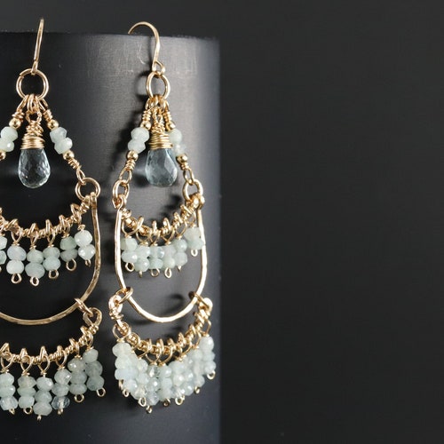 Natural Aquamarine Gemstone shops Fringe Chandelier Earrings, 14K Gold Filled Tassel Earrings, Bohemian Art Deco Earrings, Wedding - MADE TO ORDER