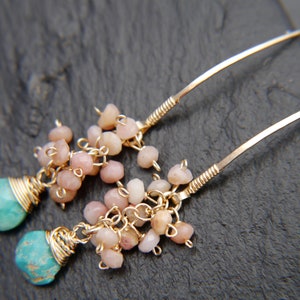 Gold Filled Turquoise Earrings Pink Opal Earrings Long Hoop Earrings Cluster Earrings Flower Earring Bohemian Blush Pink Wedding Bride image 2