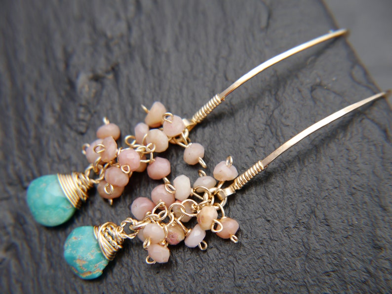 Gold Filled Turquoise Earrings Pink Opal Earrings Long Hoop Earrings Cluster Earrings Flower Earring Bohemian Blush Pink Wedding Bride image 2