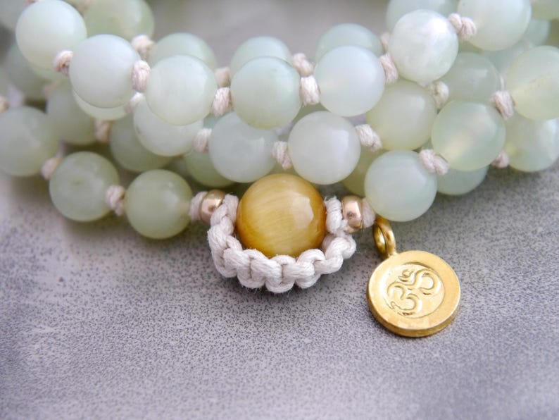 Mala Beads 108 Gemstone Necklace Wrap Bracelet Hand Knotted Silk Om Charm Boho Yoga Japa Prayer Meditation image 3