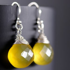 Yellow Chalcedony Earrings Sterling Silver Earrings Heart Briolette Earrings Gemstone Wire Wrapped Gemstone Earrings Marigold image 3