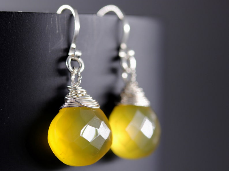 Yellow Chalcedony Earrings Sterling Silver Earrings Heart Briolette Earrings Gemstone Wire Wrapped Gemstone Earrings Marigold image 3