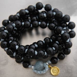 Mala Beads 108 Black Obsidian Stone Gemstone Necklace Wrap Bracelet Hand Knotted Silk  Yoga Meditation