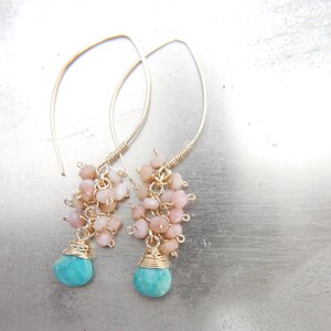 Gold Filled Turquoise Earrings Pink Opal Earrings Long Hoop Earrings Cluster Earrings Flower Earring Bohemian Blush Pink Wedding Bride image 8
