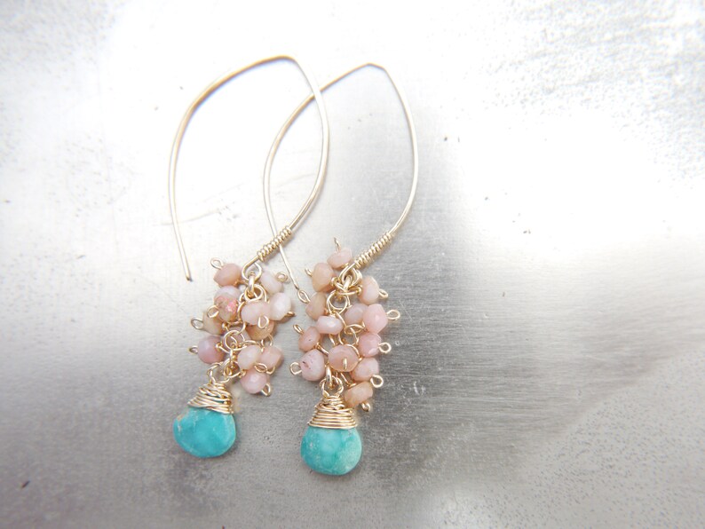 Gold Filled Turquoise Earrings Pink Opal Earrings Long Hoop Earrings Cluster Earrings Flower Earring Bohemian Blush Pink Wedding Bride image 8