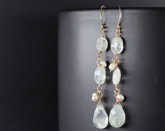 Natural Aquamarine Freshwater Pearl Long Dangle Earrings Gold Filled Tiered Gemstone Earrings Sea Glass Wedding Bride